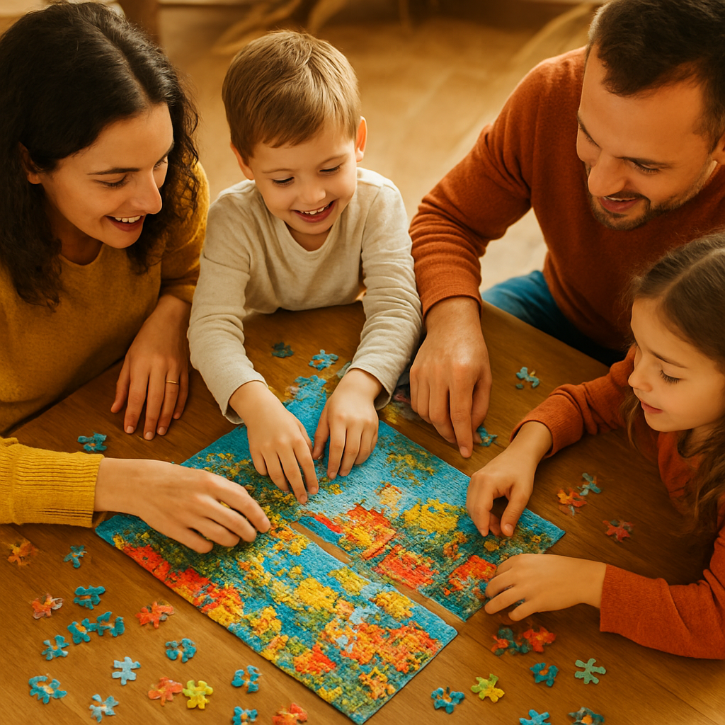 A family building a colorful jigsaw puzzle together at a table